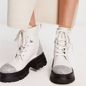 Public Desire Lark rhinestone combat boots in off white